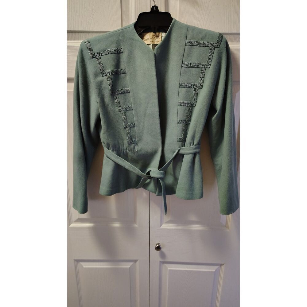 Vintage Crews-Beggs Pueblo Sage Green Belted Jacket - Greek Key Trim -‎ Size L